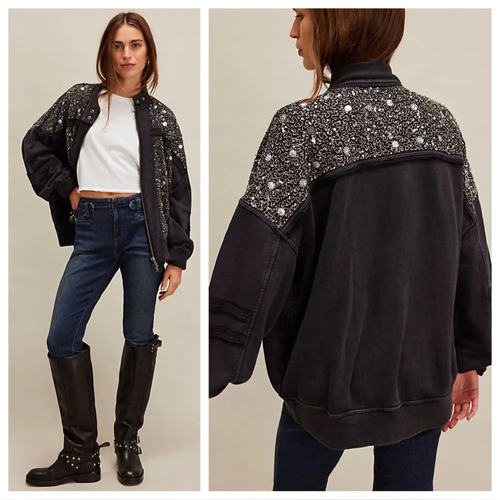Free People Sparkle Front Zip Sweatshirt Jacket Black